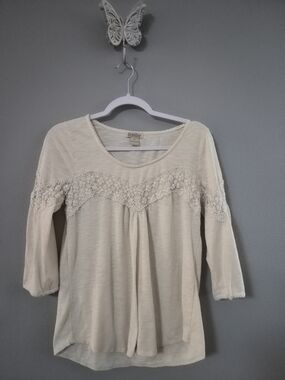 Lucky Brand Cream Crochet Yoke 3/4 Sleeve Tunic
